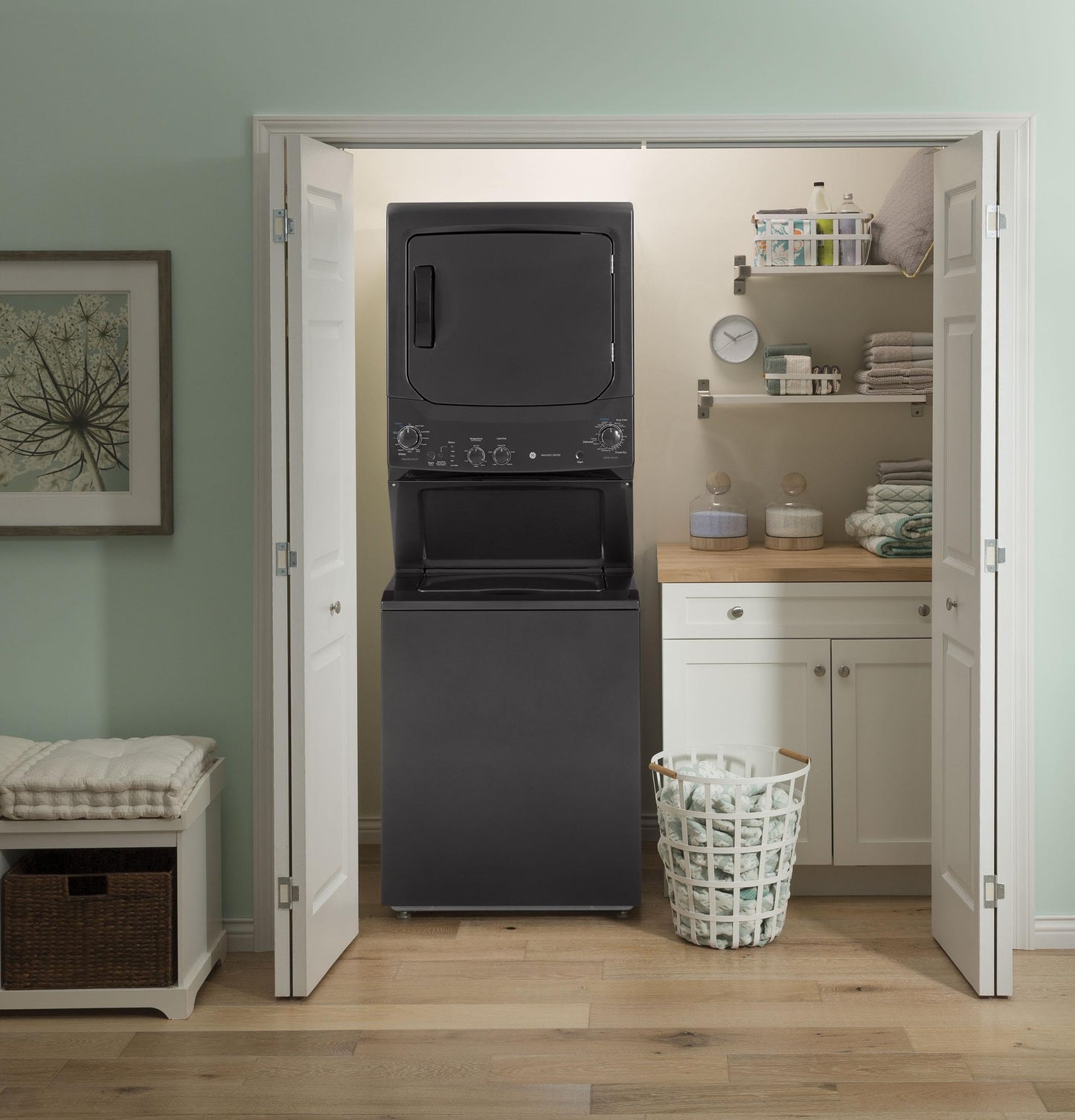 GE GUD27ESPMDG Spacemaker Series 27 Inch Electric Laundry Center with 3.8 cu. ft. Washer Capacity in Diamond Gray
